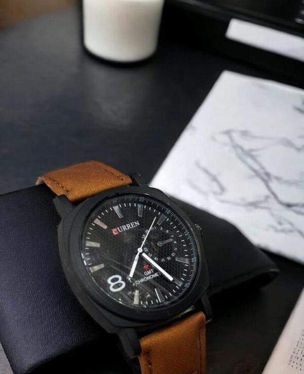 Men's Quartz Analog Watch - Brown & Black Leather Strap