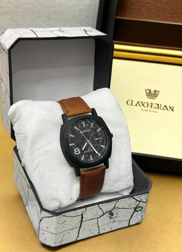 Men's Quartz Analog Watch - Brown & Black Leather Strap - Image 2