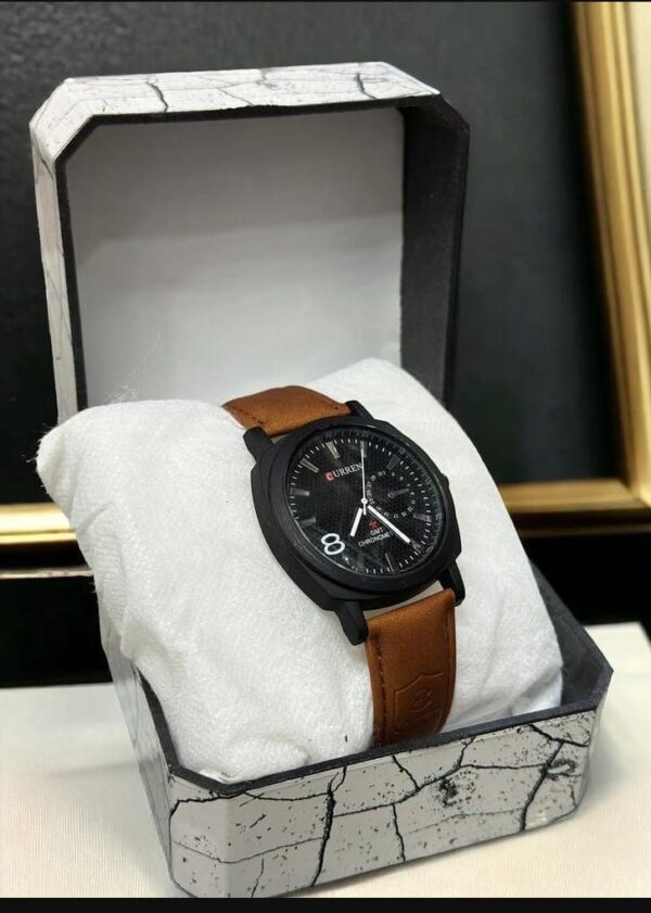 Men's Quartz Analog Watch - Brown & Black Leather Strap - Image 3